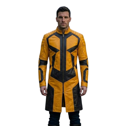  Front view of men yellow black leather trench coat in cyberpunk biker style