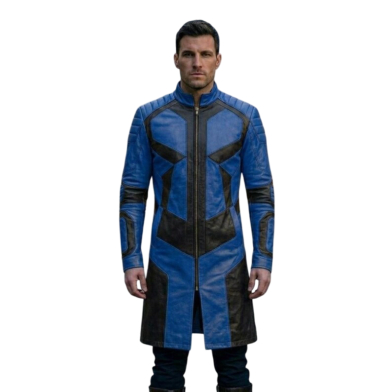 Front view of the mens blue and black leather trench coat showing full length design