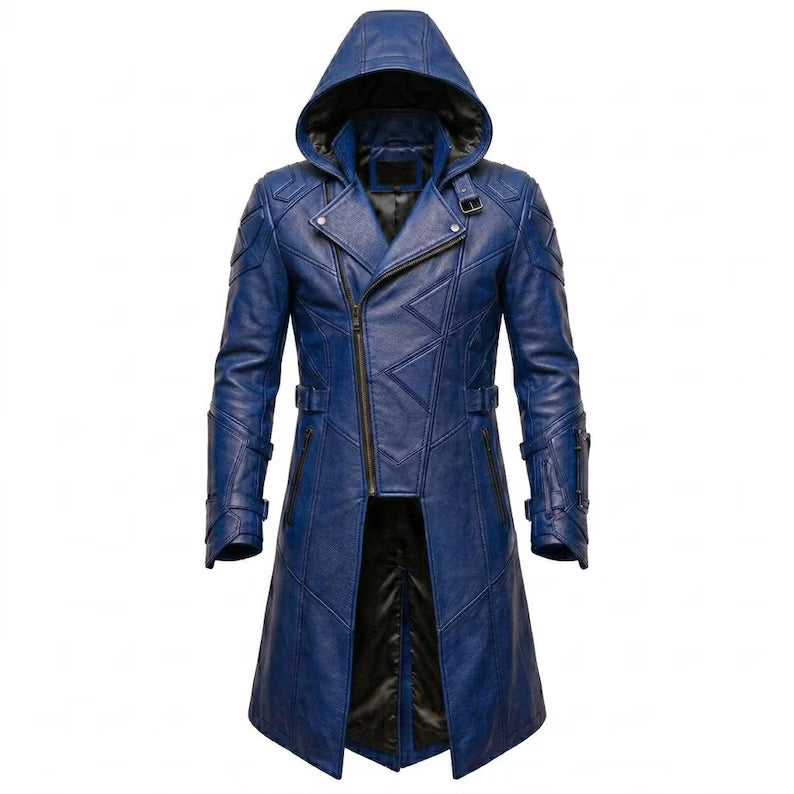  Front view of blue leather hooded trench coat with gothic cyberpunk design