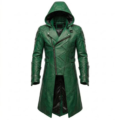 Front view of green leather hooded trench coat with gothic cyberpunk desig