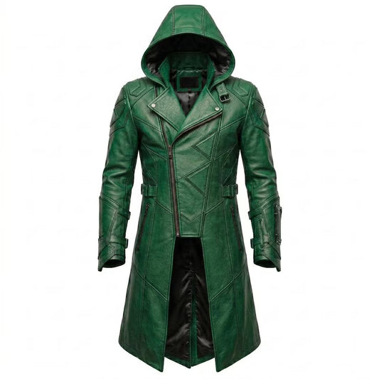 Front view of green leather hooded trench coat with gothic cyberpunk desig