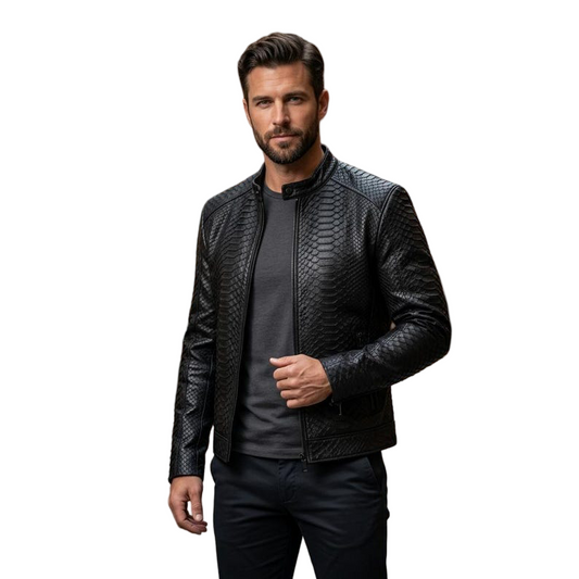 Front view of men black exotic textured leather biker jacket with structured fit