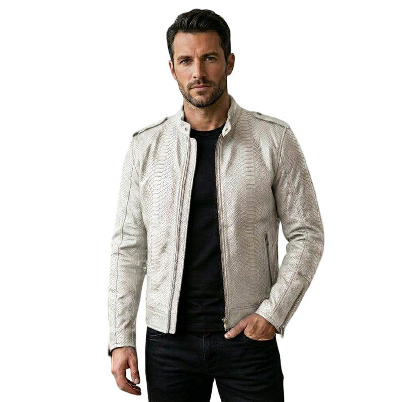 Front view of men white exotic textured leather biker jacket with structured motorcycle fit
