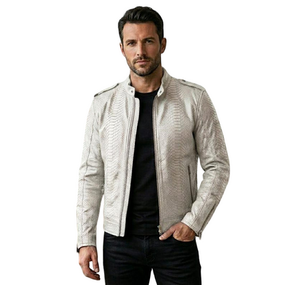 Front view of men white python leather biker jacket with textured finish