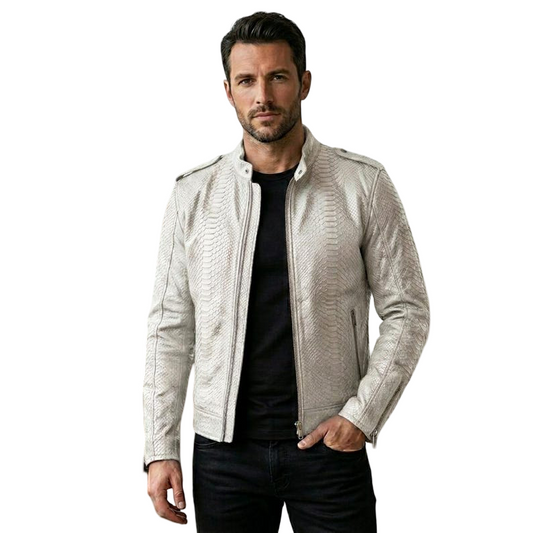 Front view of men white python leather biker jacket with textured finish