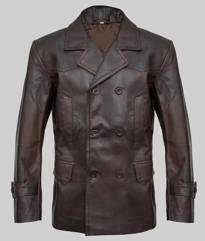 Front view of Jim brown double breasted leather peacoat coat for men