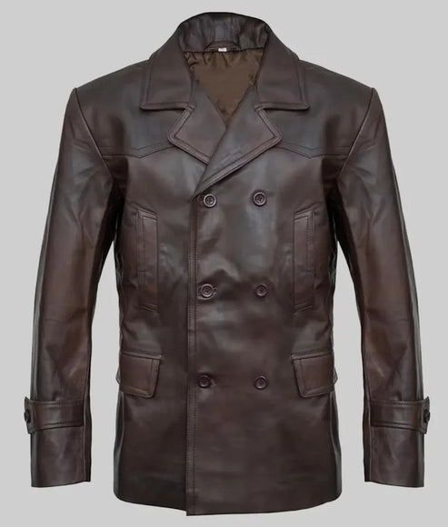 Front view of Jim brown double breasted leather peacoat coat for men