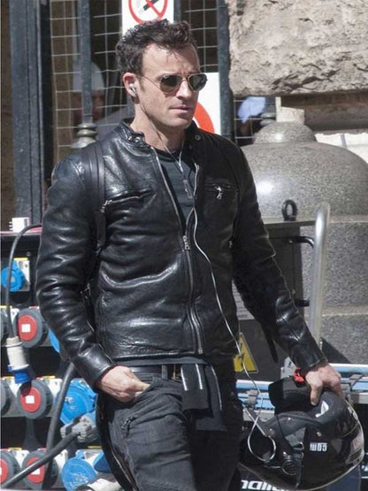 Zoolander 2-inspired leather jacket with a snap-tab button collar