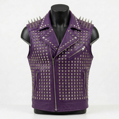 Front view of men purple leather biker vest with studded design