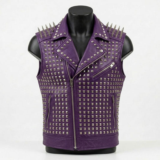 Front view of men purple leather biker vest with studded design