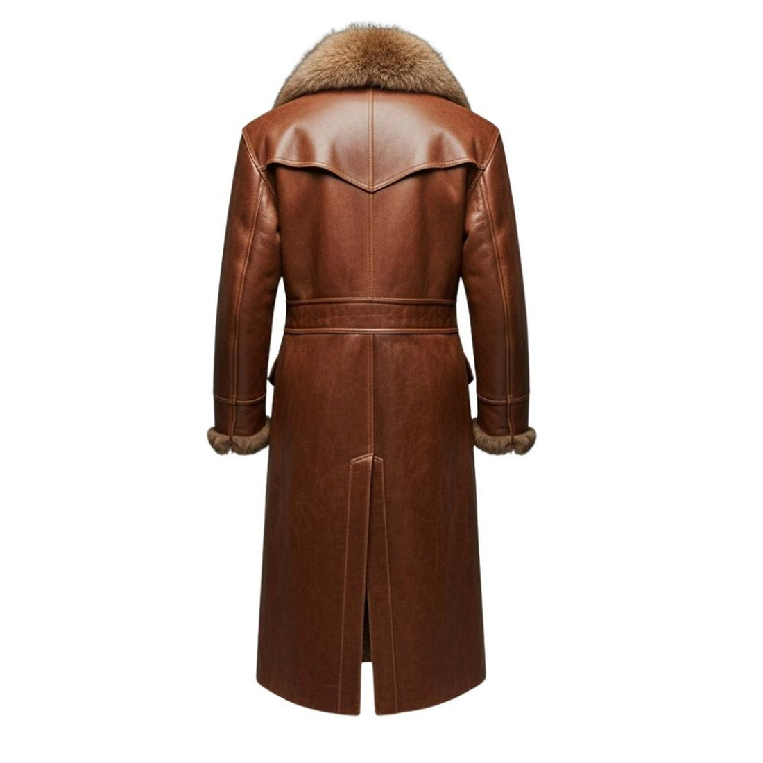 Back view of long mens leather trench coat