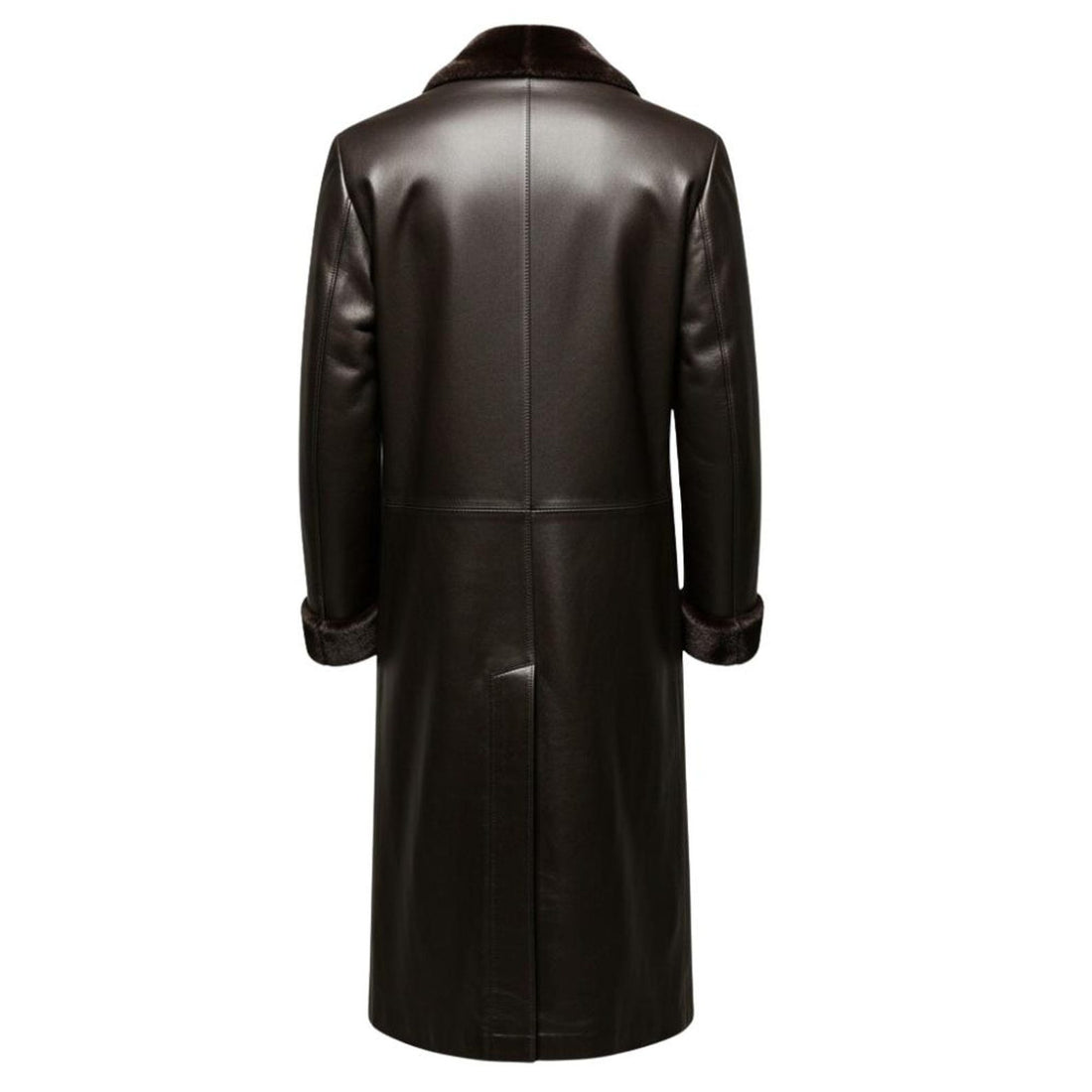 Back view of long shearling leather trench coat