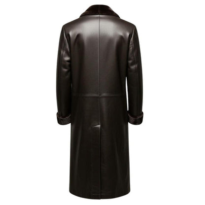 Back view of long shearling leather trench coat