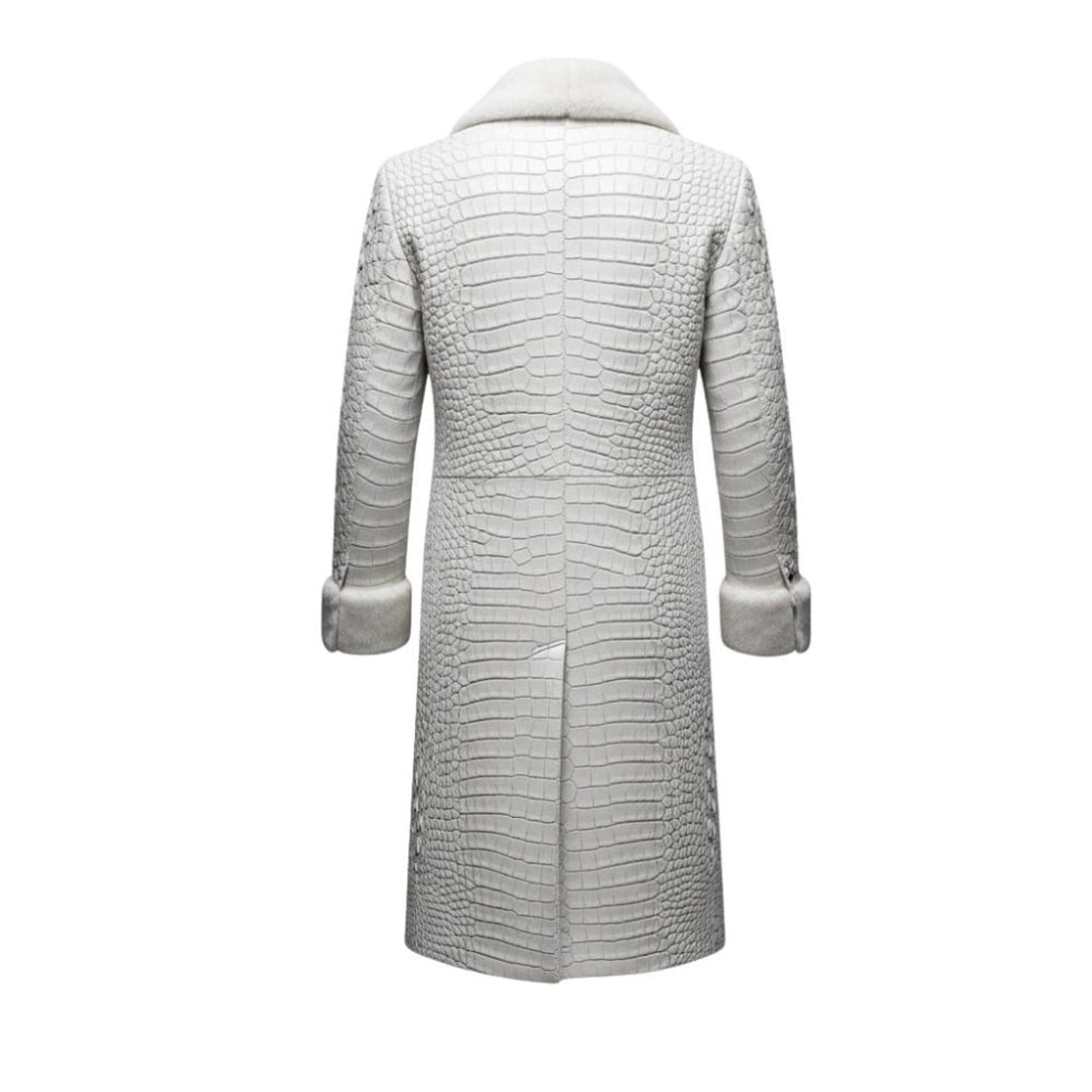 Back view of luxury crocodile embossed leather trench coat for men