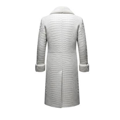 Back view of luxury crocodile embossed leather trench coat for men