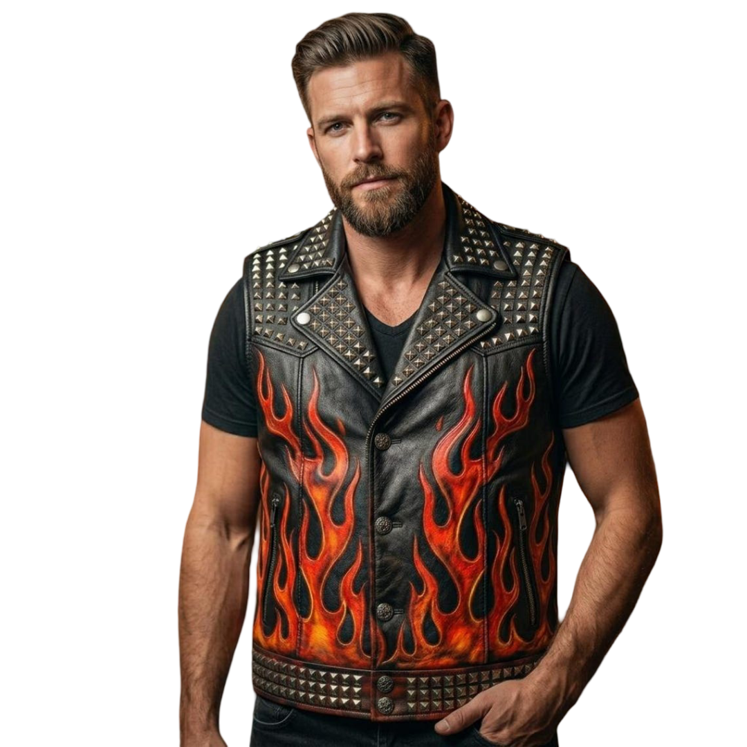 Front view of men black Hellfire skull leather biker vest with flame design