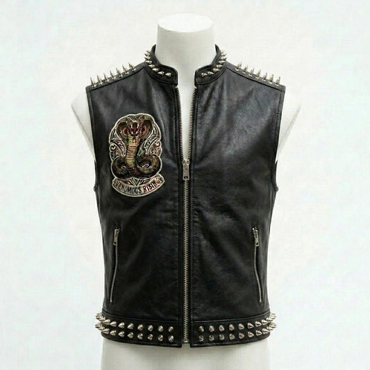 Front view of men black leather biker vest with embroidered patch and studded detail