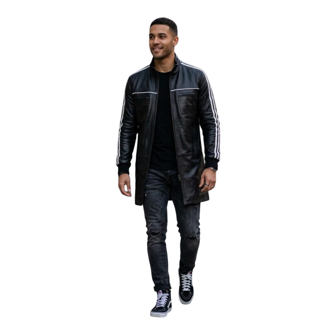 Front view of men black leather jacket with stripe sleeve slim fit