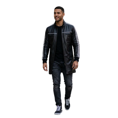Front view of men black leather jacket with stripe sleeve slim fit
