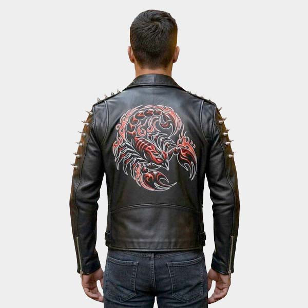 Men Black Leather Moto Jacket with Scorpion Sublimation and Spike Detail