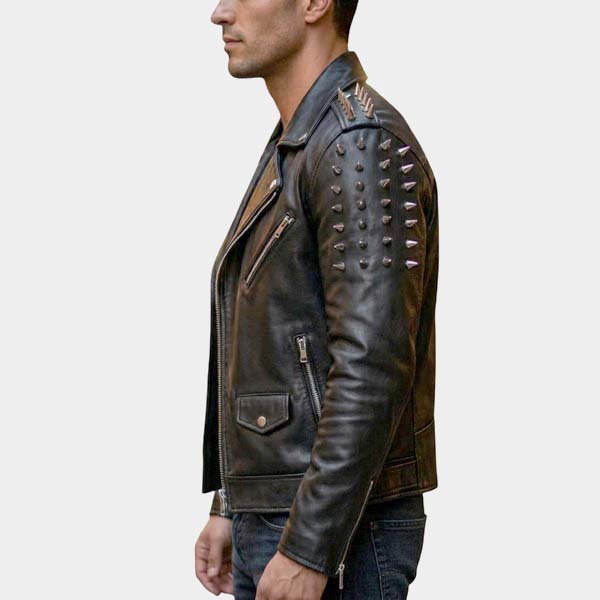 Men Black Leather Moto Jacket with Scorpion Sublimation and Spike Detail