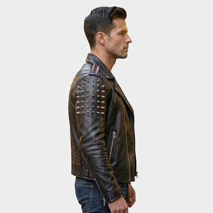 Men Black Leather Moto Jacket with Scorpion Sublimation and Spike Detail