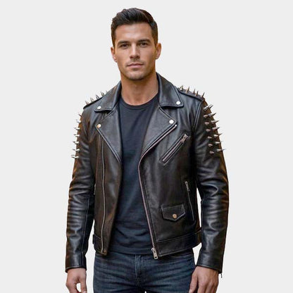 Men Black Leather Moto Jacket with Scorpion Sublimation and Spike Detail