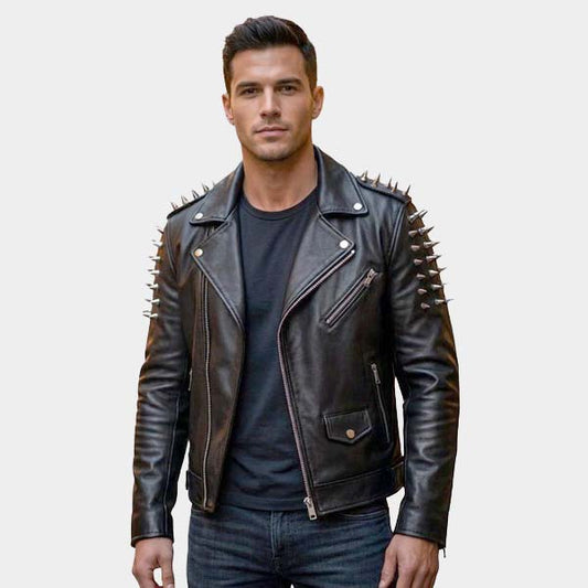 Men Black Leather Moto Jacket with Scorpion Sublimation and Spike Detail