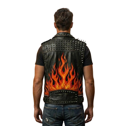 Back design of men black leather vest featuring bold flame artwork