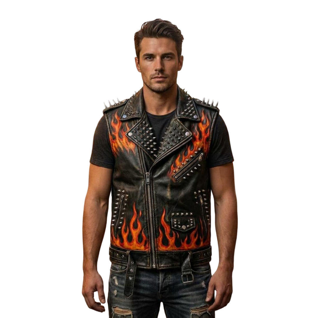  Front view of men black leather vest with flame print and stud detailing