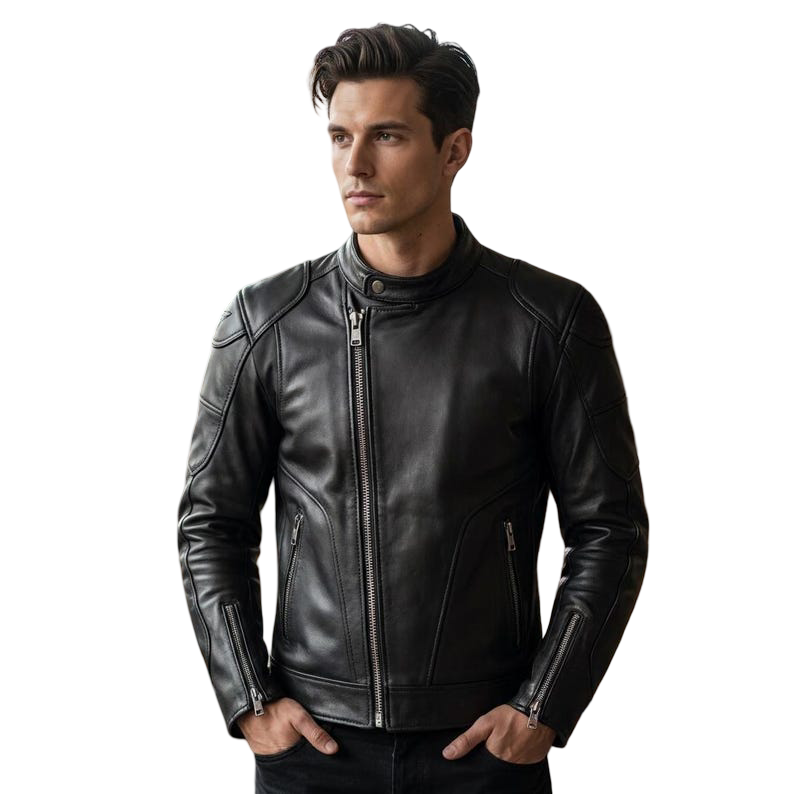 Front view of men black padded motorcycle leather jacket with armor style design