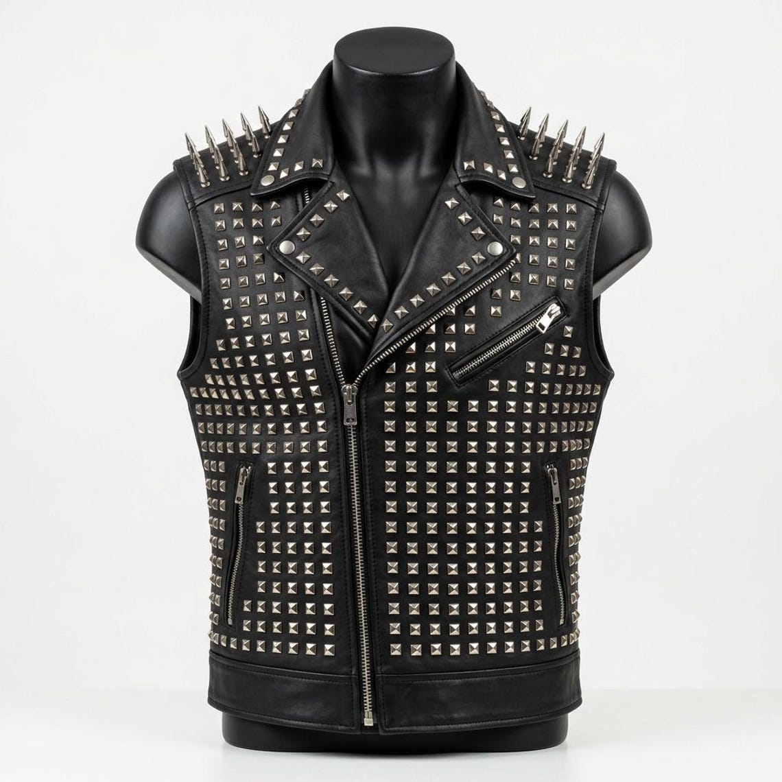Front view of men black studded leather vest gothic biker waistcoat