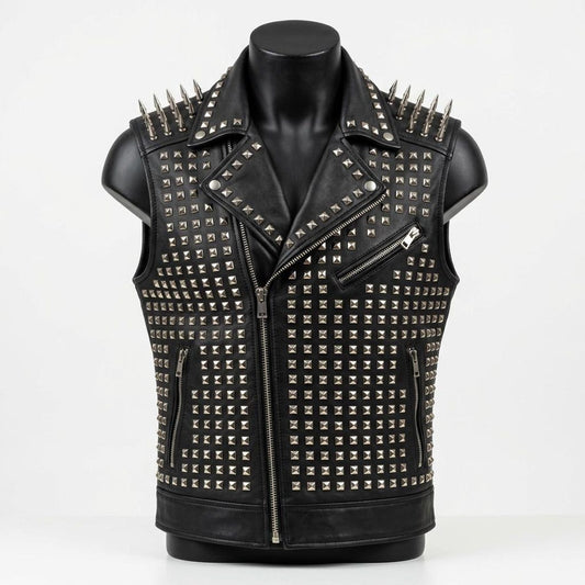 Front view of men black studded leather vest gothic biker waistcoat