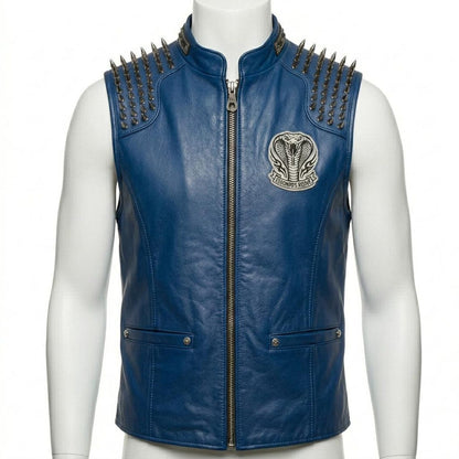 Front view of men blue leather biker vest with embroidered spike detail