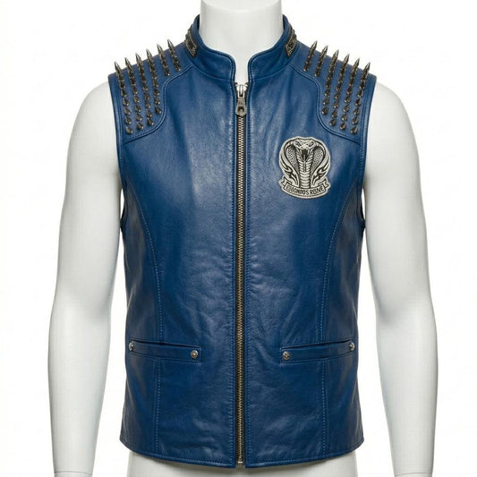 Front view of men blue leather biker vest with embroidered spike detail