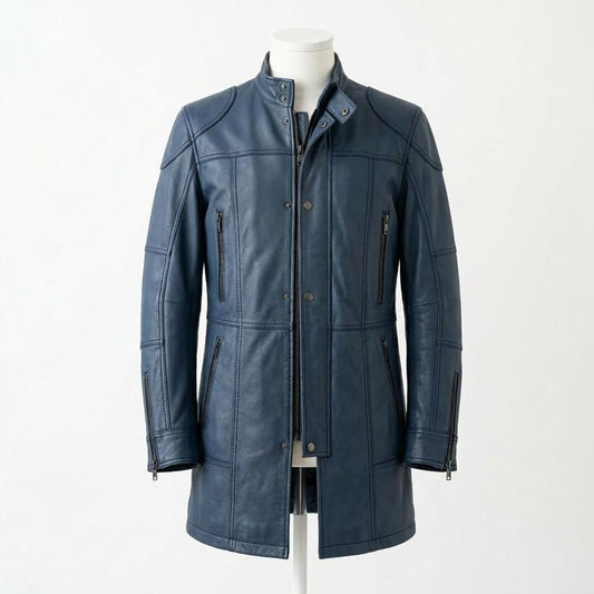 Front view of men blue leather long coat with stand collar and zip closure