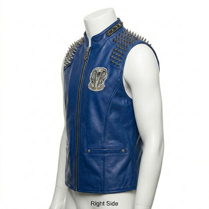  Side profile view of men blue leather biker vest