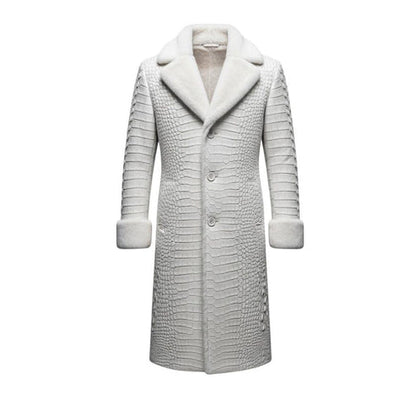 Front view of men crocodile embossed genuine leather trench coat in gothic style