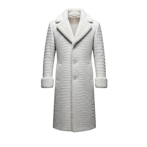 Front view of men crocodile embossed genuine leather trench coat in gothic style