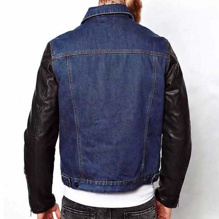 Men's denim and leather jacket featuring a button-down front closure