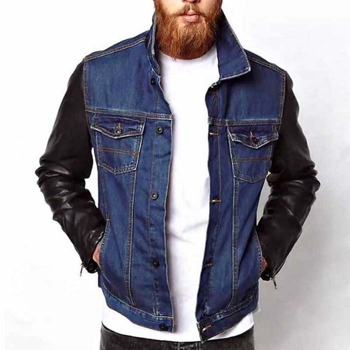 Men's blue denim jacket with contrasting black leather sleeves