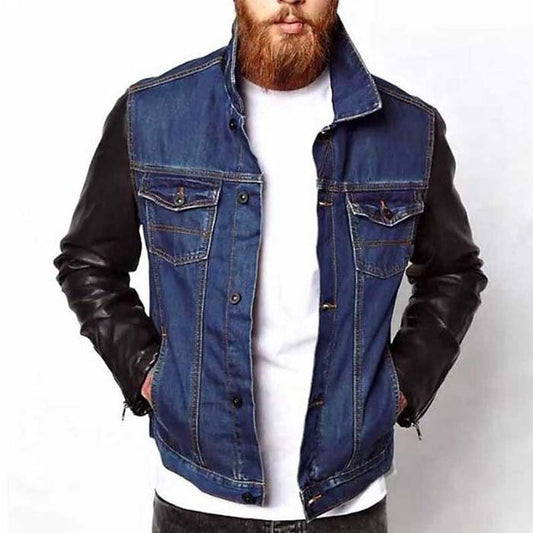 Men's blue denim jacket with contrasting black leather sleeves