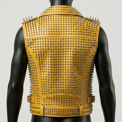 Back view of men gothic metal yellow leather vest