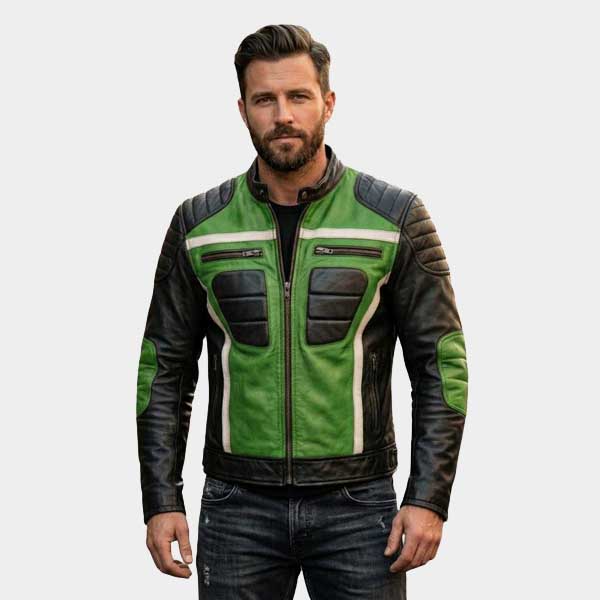 Men Green and Black Leather Biker Jacket Quilted Retro Moto Racing Style