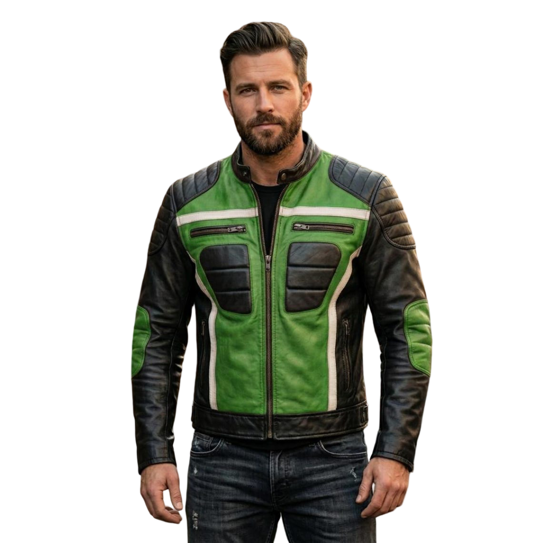 Front view of men green and black leather biker jacket with quilted padding