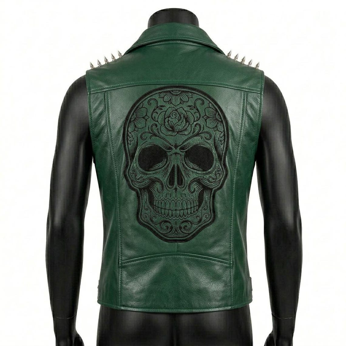 Back view of Men Green Leather Biker Vest with skull patch and studded shoulder detail