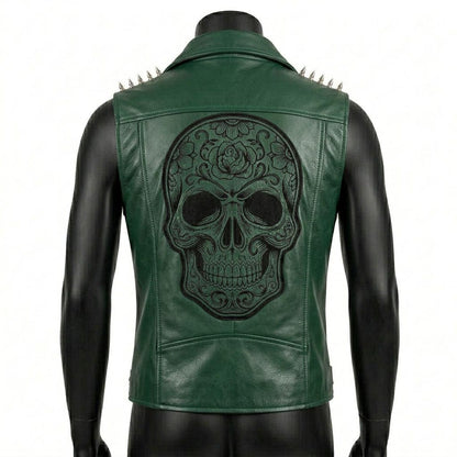 Back view of Men Green Leather Biker Vest with skull patch and studded shoulder detail