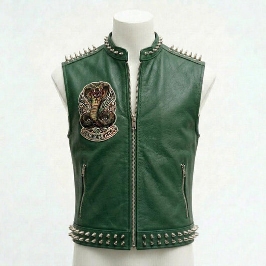 Front view of men green leather biker vest with embroidered patch and studded detail