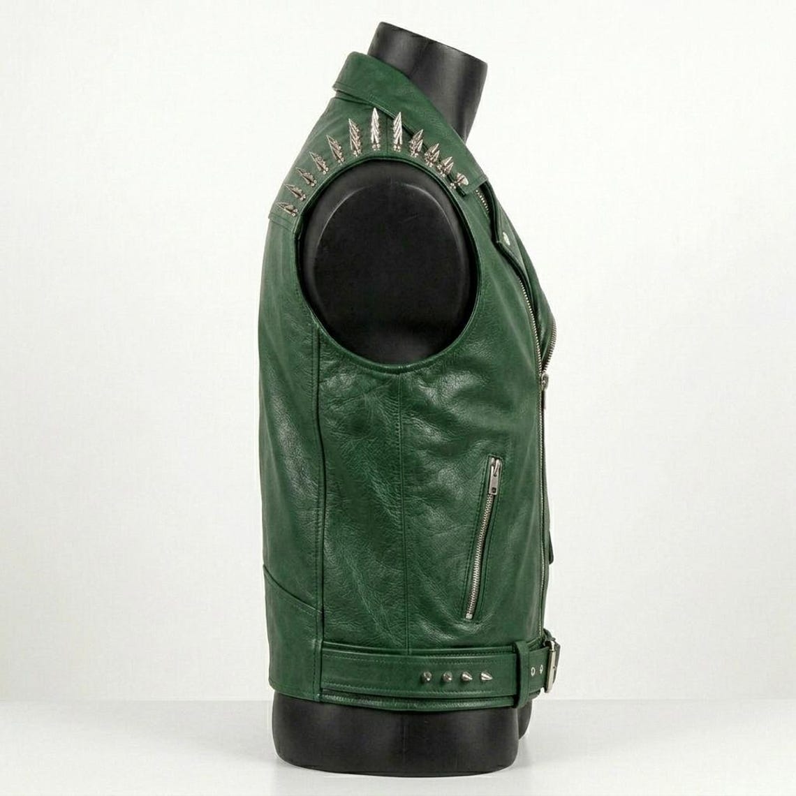 Side profile of green leather biker vest for men