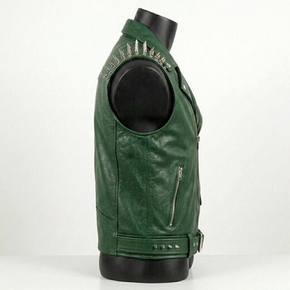 Side profile of green leather biker vest for men